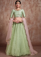 Pista Green Soft Net Zari Work Party Wear Trendy Lehenga For Women